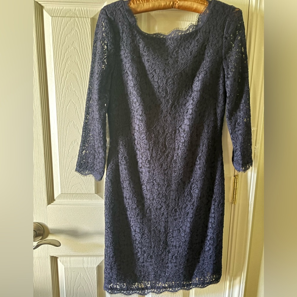 Adrianna Papell evening navy lace med sleeve sheath dress size 6P
